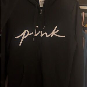 PINK Victoria's Secret Black Zip-Up Hoodie with White Logo